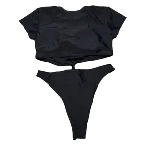 Black Short Sleeve Front Knot One Piece Swimsuit M 8 10 NWOT thumbnail 3