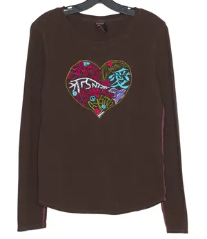 Vintage Lucky Brand Top Y2K Embroidered Boho Hippie Festival Thermal Brown Large thumbnail 1