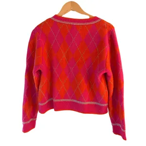 Sunday Up Pink Orange Argyle Cardigan Small Metallic Silver Trim Cropped thumbnail 6