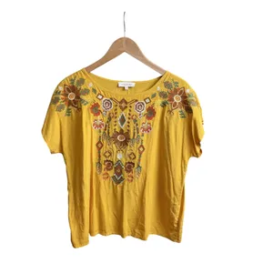 Solitaire Mustard Yellow Embroidered Boho Blouse Rayon Short Sleeve Top 21-232 M thumbnail 7