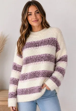Absolutely Creative Worldwide Women's Fuzzy Striped Sweater L Cream Mauve Knit thumbnail 1