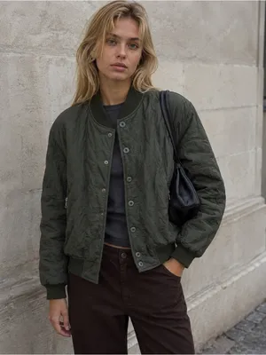 Vintage 90s Liz Wear Chic Army Green Quilted Nylon Bomber Jacket Small thumbnail 1