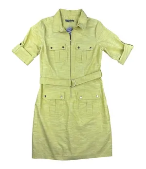 Sharagano Women Laurel Leaf Yellow Zip Front Safari Belted Dress Size 10 Utility thumbnail 1
