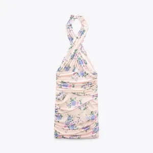 NEW Zara Floral Print Ruched‎ Mini Dress in Pale Pink Size Small thumbnail 3