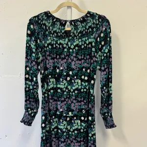 LOFT Floral Smocked Long Sleeve Flowy Mini Dress with Tie Black Green Purple Med thumbnail 5