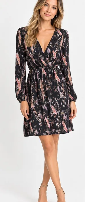 Erika Lang Nordstrom Women's Black Surplice Floral Dress Size Large thumbnail 1