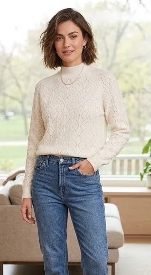 Uniqlo Women’s Pointelle Knit Sweater Ivory Size Medium thumbnail 1