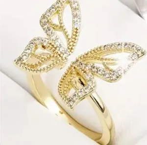 Coquette Style Ring Butterfly Design Inlaid Shining Golden Adjustable Size 7-9 thumbnail 2