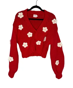 Luna Ivy Crochet Flower‎ Cardigan Womens Medium Red Excellent 3D Floral Knit thumbnail 1