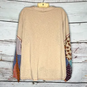 Umgee NWT Size L Tan - Patchwork Sleeve Oversized Peasant Knit Top Shirt thumbnail 2