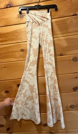 aerie High-Waist Floral Flare Pants in Cream & Tan thumbnail 1