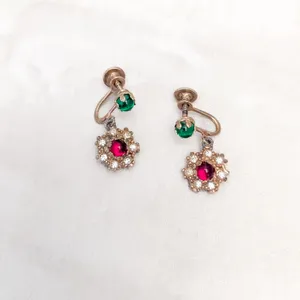 Vintage Screw On Earrings Green, Red, Clear, Gold Tone Regal Dangle Earrings thumbnail 6