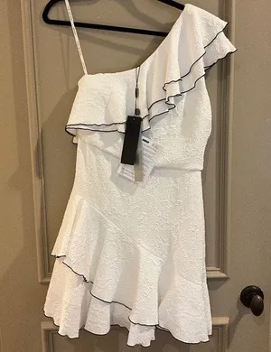 HALSTON HERITAGE Ruffled Asymmetric One-Shoulder Mini Dress White Size 4 NEW thumbnail 1