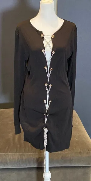 Women’s Black Long Sleeve Sexy Top/Dress with Chain Closure Size XL NEW thumbnail 1