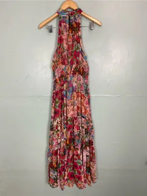 Anthropologie Floral Halter Tiered Maxi Dress in Pink and Red thumbnail 4