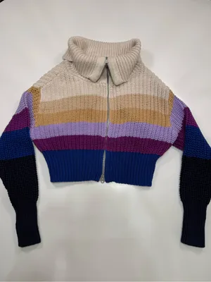 aerie 100% Cotton Cropped Zip-Up Striped Sweater in Cream, Mustard, Purple, Navy thumbnail 2