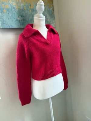 Zara Bright Fuchsia Collared Cropped V-Neck Sweater Size small Barbiecore thumbnail 2
