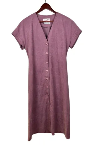 Caron Midi Dress Women 10 Mauve Purple Faux Suede Button Front Vintage V-Neck‎ thumbnail 1