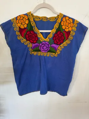Embroidered V-Neck Floral Cotton Top - Blue thumbnail 2