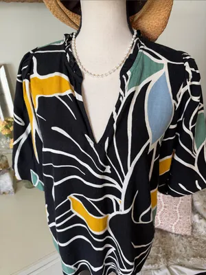 Ann Taylor black linen blend multicolor tropical puff sleeve blouse top M thumbnail 2
