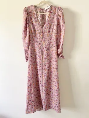 ASTR the Label Puff Sleeve V-Neck Back Cutout Midi Dress, purple peach floral XL thumbnail 4