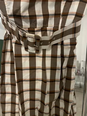Maeve Strapless Gingham Midi Dress with Belt in Brown and White thumbnail 3