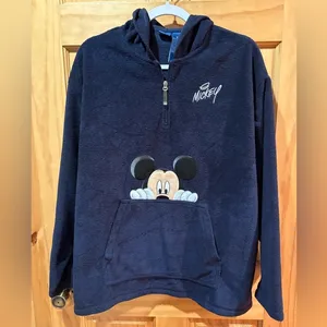 Disney Mickey Mouse Navy Blue Quarter Zip Hooded Fleece Kangaroo Sweatshirt XL thumbnail 1