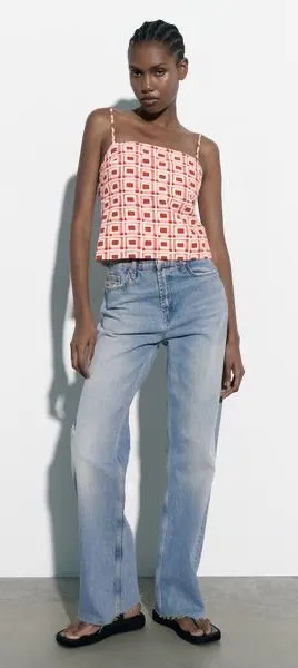 NWT Zara Geometric Print Linen Blend Open Back Top thumbnail 1