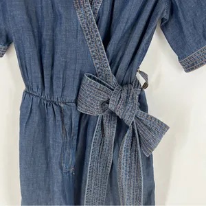 Pilcro by Anthropologie Blue Chambray Denim Tie‎ Waist Wrap Bodice V-Neck Romper thumbnail 5