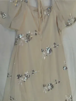 Cream Midi Dress with Silver Sequin Floral Embellishments, Ruffled Hem, Medium. thumbnail 10