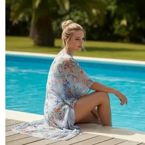 Boutique Kimono Swim Cover Up 0X-1X‎ Blue Floral Open Front Duster Resort Beach thumbnail 4