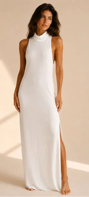 Saint Mojavi Maxi Dress White Sleeveless Mock Neck Slit Minimalist Resort S Chic thumbnail 1