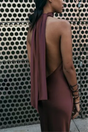 Zara maxi halter scarf satin Elegant Burgundy Brown Evening Wedding Dress thumbnail 14