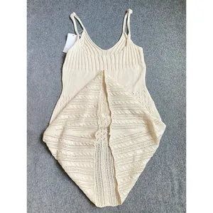 Women's XS Hollow Out Knit Sundress,‎ Elegant Summer Streetwear Mini Dress Beige thumbnail 6