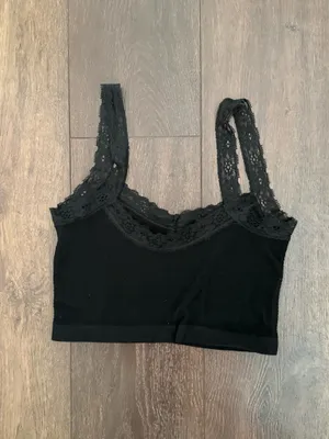 Out From Under urban outfitters black crop top tank top with lace trim thumbnail 2