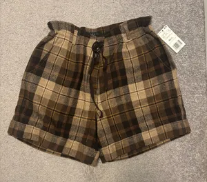 MNG by Mango Wool Plaid Brown and Tan Shorts with Drawstring Waist thumbnail 1