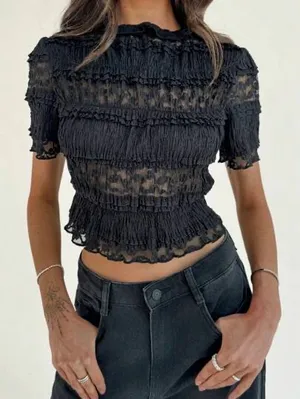 SHEIN Black Flutter Sleeve Smocked Blouse thumbnail 1
