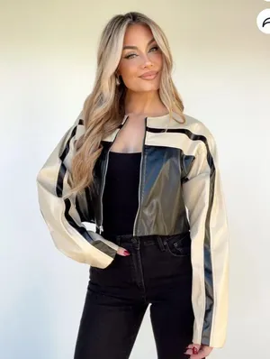 Lane 201 Cloud Ten Women’s Size M Cropped Racer Jacket Black Tan Faux Leather Moto Baddie thumbnail 9