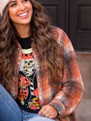 Fantastic Fawn Rust-Orange Plaid Soft Brush Button-Down Shirt / Shacket thumbnail 4