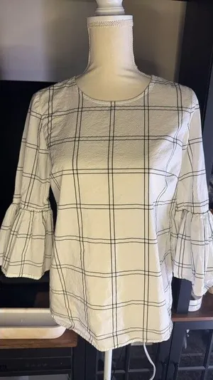 Calvin Klein Women's Checkered Blouse with Bell Sleeves thumbnail 1