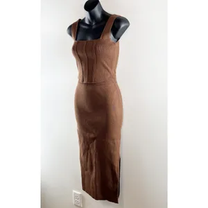 Miou Muse Knit Set Cropped Corset Top High Rise Midi Skirt Brown Small thumbnail 6