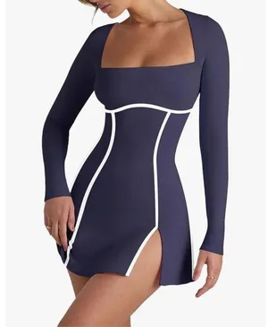 NEW Navy Blue Long Sleeve Square Neck Bodycon Side Slit Mini Dress M thumbnail 8