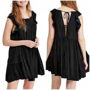 Free People Want Your Love Black Mini Dress Small Smocked Tie Back Boho Babydoll thumbnail 9