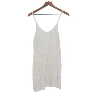 White Crochet Knit Beach Cover Up Dress Spaghetti Strap Mini V-Neck Large thumbnail 4