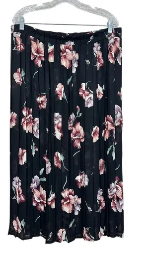 Sag Harbor Grunge 90s XL Sheer Black Floral Pleated Chiffon Pull On Midi Skirt thumbnail 1