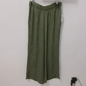 Anthropologie Saturday Sunday Olive Satin Wide Leg Pull On Pants thumbnail 4