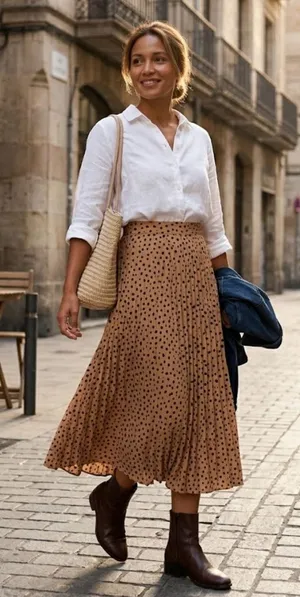Japna Pleated Midi Skirt Size M Camel Brown Polka Dot Elastic Waist Lined thumbnail 1
