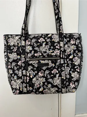 Vera Bradley Vera Tote holland garden Black Floral Quilted Pink Cream zipper thumbnail 2