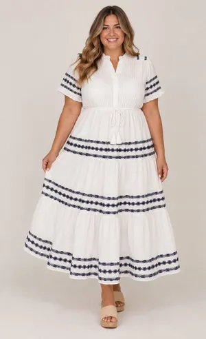 Ivy City Co Santorini White Blue Embroidered Tiered Maxi Dress Boho Womens 2x? thumbnail 1