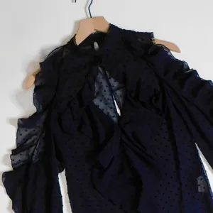 NICHOLAS Navy Blue Swiss Dot Cutout Cold Shoulder‎ Top Blouse Ruffle Size 0 thumbnail 4